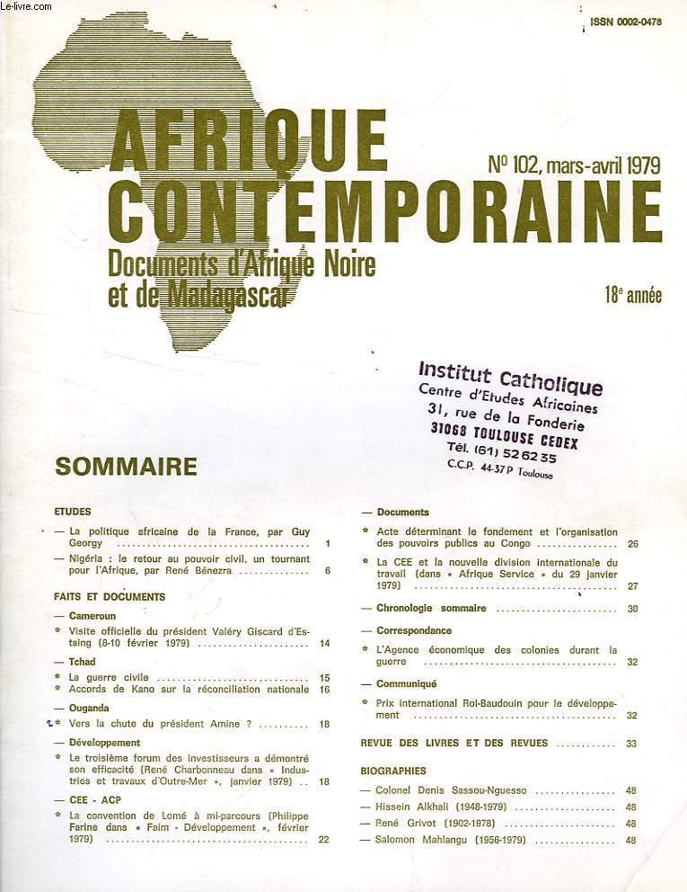 AFRIQUE CONTEMPORAINE, N 102, MARS-AVRIL 1979, DOCUMENTS D'AFRIQUE NOIRE ET DE MADAGASCAR
