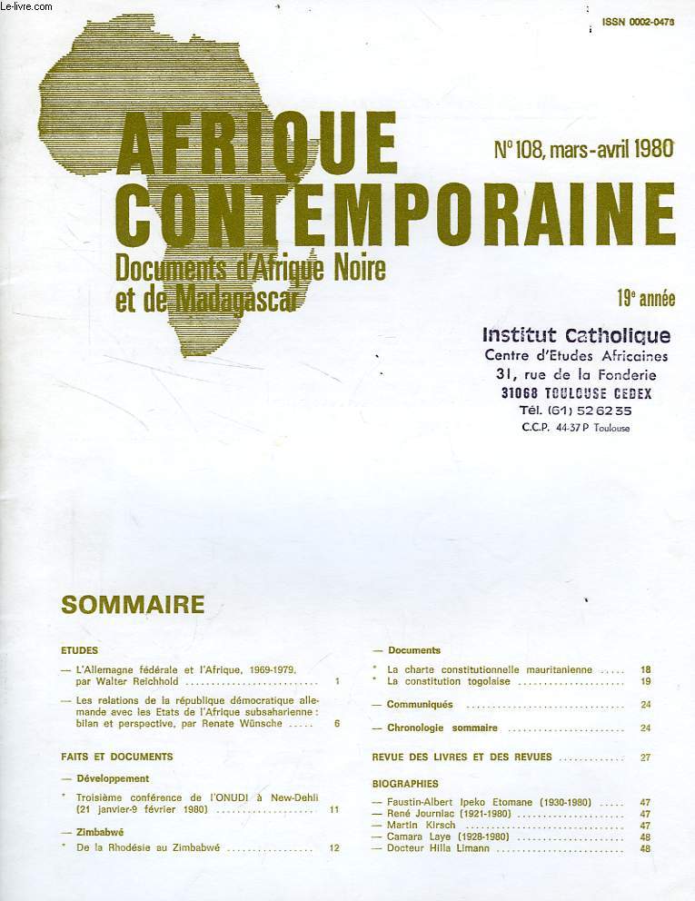 AFRIQUE CONTEMPORAINE, N 108, MARS-AVRIL 1980, DOCUMENTS D'AFRIQUE NOIRE ET DE MADAGASCAR