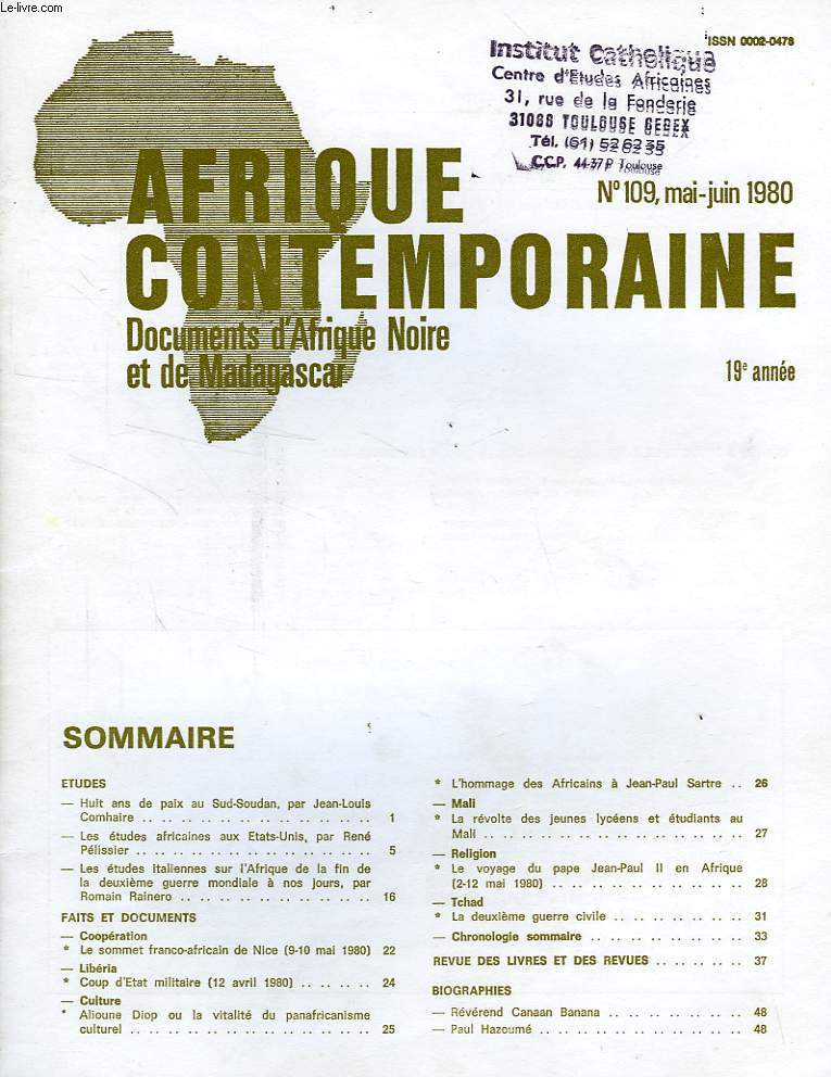 AFRIQUE CONTEMPORAINE, N 109, MAI-JUIN 1980, DOCUMENTS D'AFRIQUE NOIRE ET DE MADAGASCAR