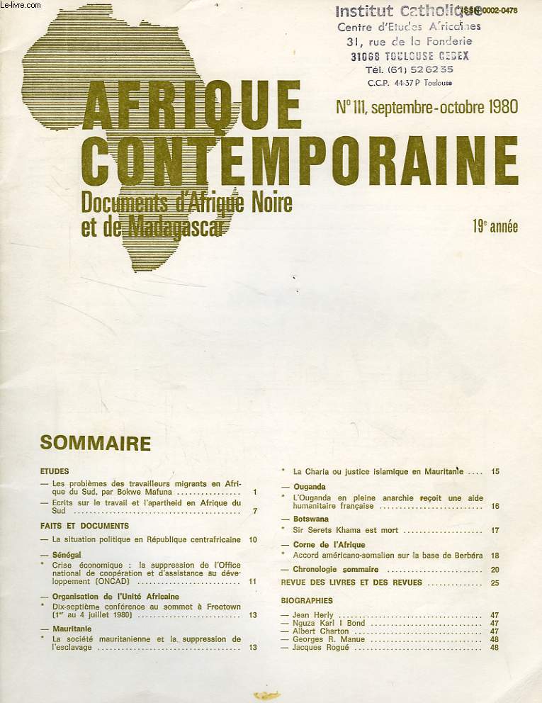 AFRIQUE CONTEMPORAINE, N 111, SEPT.-OCT. 1980, DOCUMENTS D'AFRIQUE NOIRE ET DE MADAGASCAR