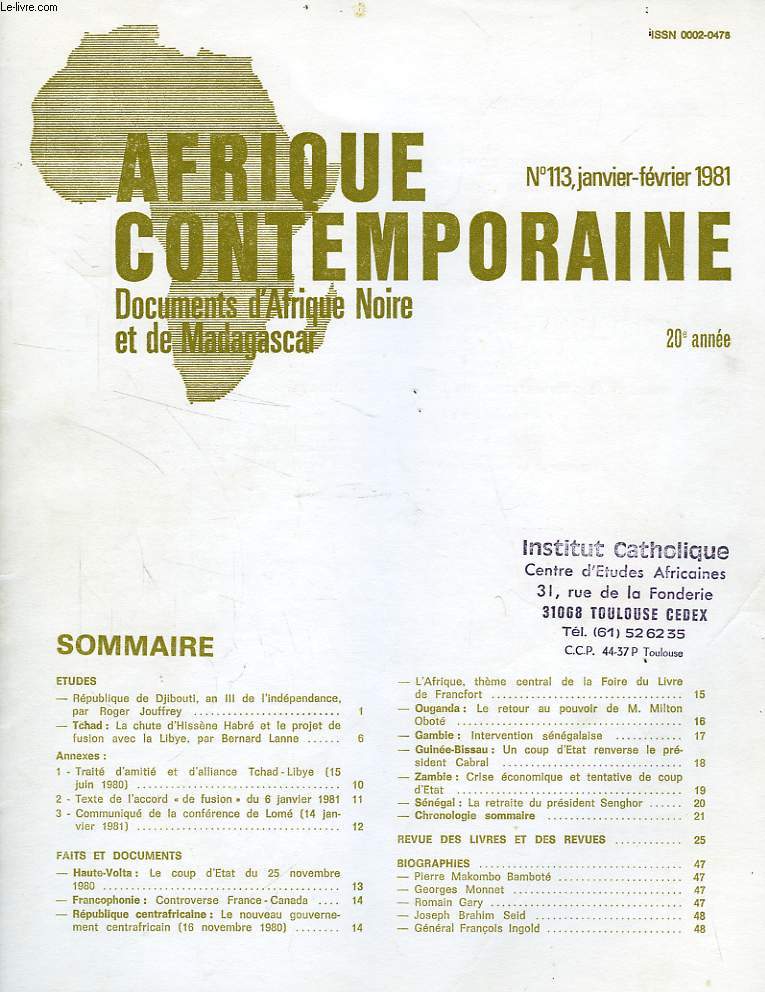 AFRIQUE CONTEMPORAINE, N 113, JAN.-FEV. 1981, DOCUMENTS D'AFRIQUE NOIRE ET DE MADAGASCAR