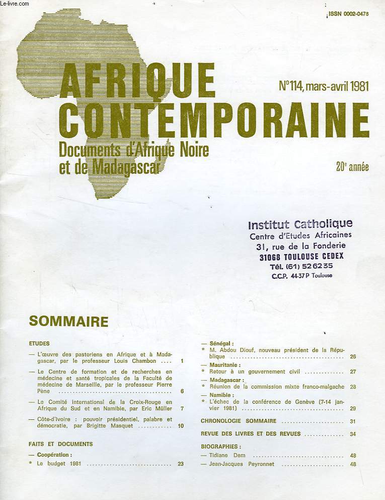 AFRIQUE CONTEMPORAINE, N 114, MARS-AVRIL 1981, DOCUMENTS D'AFRIQUE NOIRE ET DE MADAGASCAR