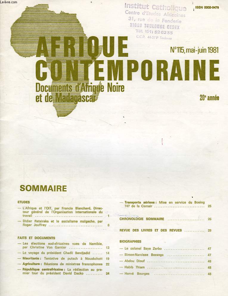 AFRIQUE CONTEMPORAINE, N 115, MAI-JUIN 1981, DOCUMENTS D'AFRIQUE NOIRE ET DE MADAGASCAR