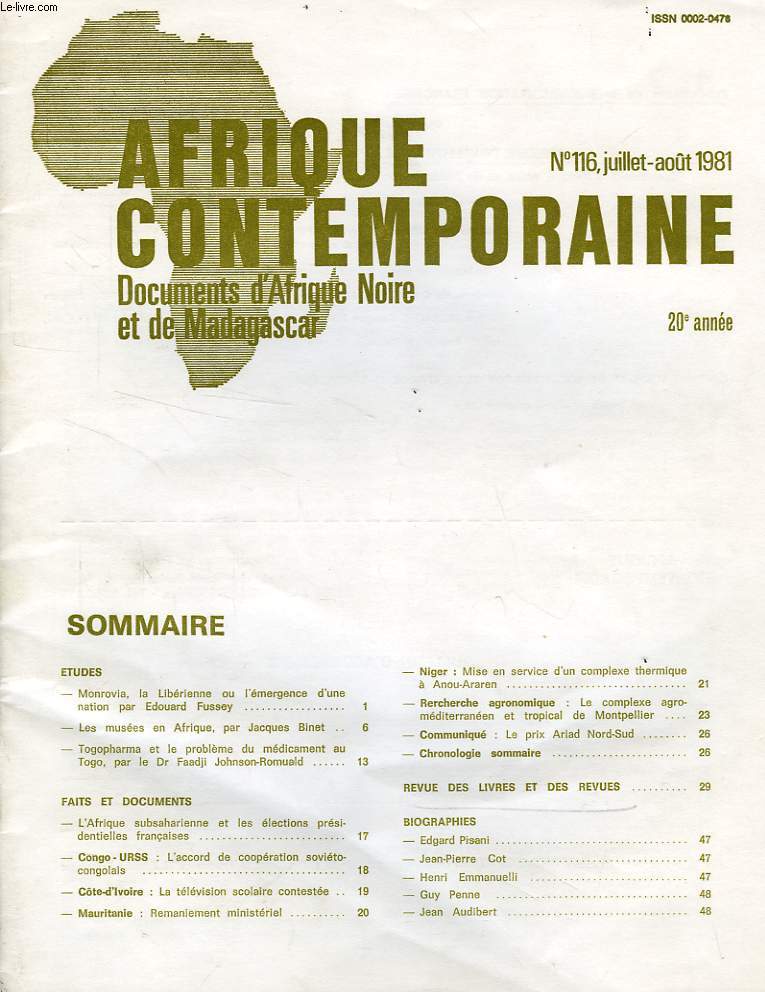 AFRIQUE CONTEMPORAINE, N 116, JUILLET-AOUT 1981, DOCUMENTS D'AFRIQUE NOIRE ET DE MADAGASCAR