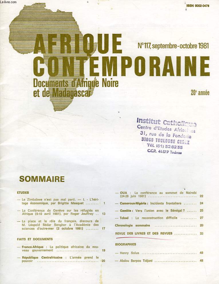 AFRIQUE CONTEMPORAINE, N 117, SEPT.-OCT. 1981, DOCUMENTS D'AFRIQUE NOIRE ET DE MADAGASCAR
