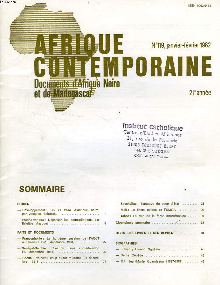 AFRIQUE CONTEMPORAINE, N 119, JAN.-FEV. 1982, DOCUMENTS D'AFRIQUE NOIRE ET DE MADAGASCAR