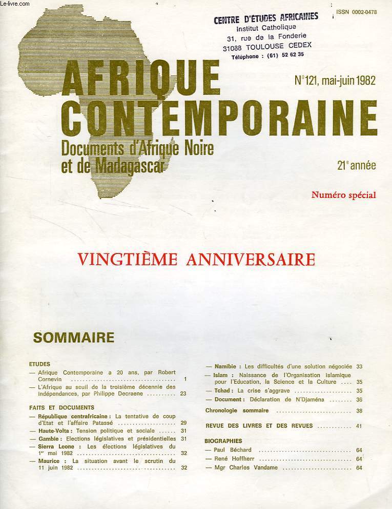 AFRIQUE CONTEMPORAINE, N 121, MAI-JUIN 1982, DOCUMENTS D'AFRIQUE NOIRE ET DE MADAGASCAR, N SPECIAL, 20e ANNIVERSAIRE
