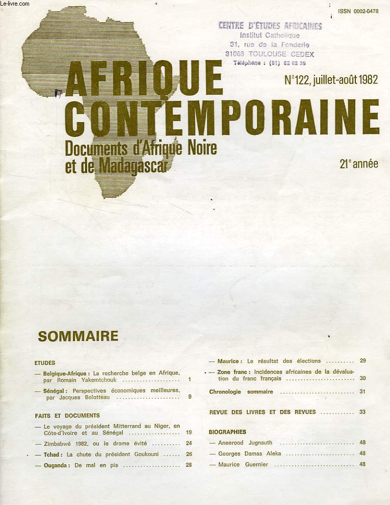 AFRIQUE CONTEMPORAINE, N 122, JUILLET-AOUT 1982, DOCUMENTS D'AFRIQUE NOIRE ET DE MADAGASCAR