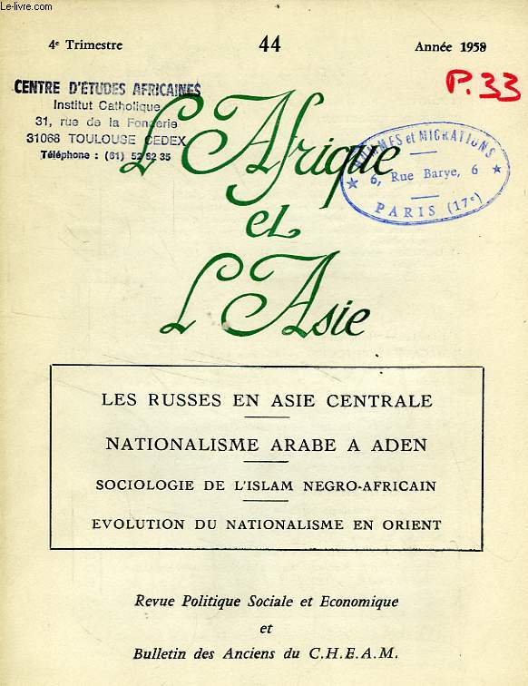 L'AFRIQUE ET L'ASIE, N 44, 4e TRIM. 1958