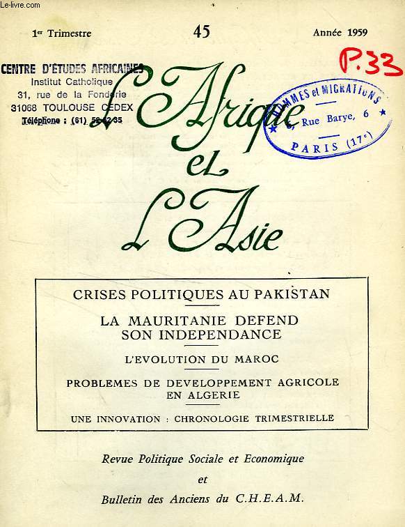 L'AFRIQUE ET L'ASIE, N 45, 1er TRIM. 1959