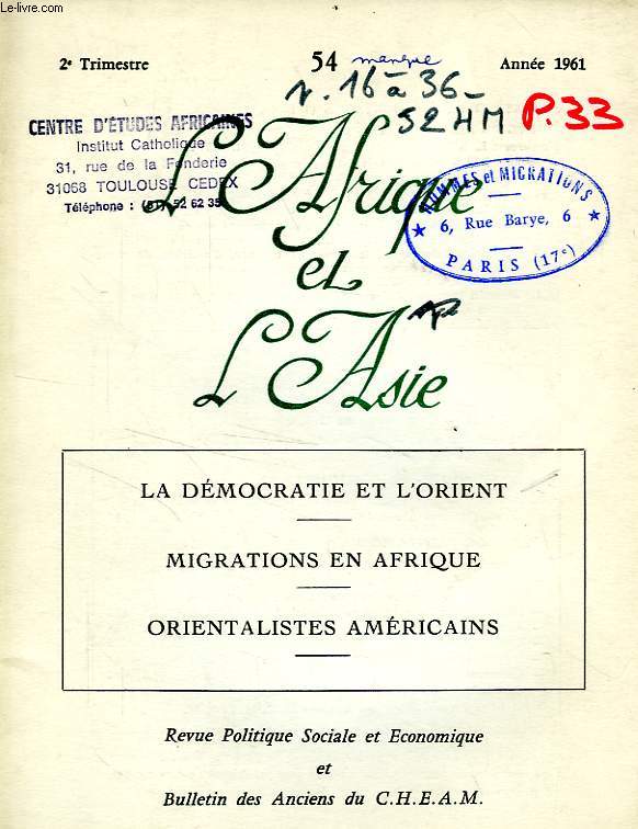 L'AFRIQUE ET L'ASIE, N 54, 2e TRIM. 1961