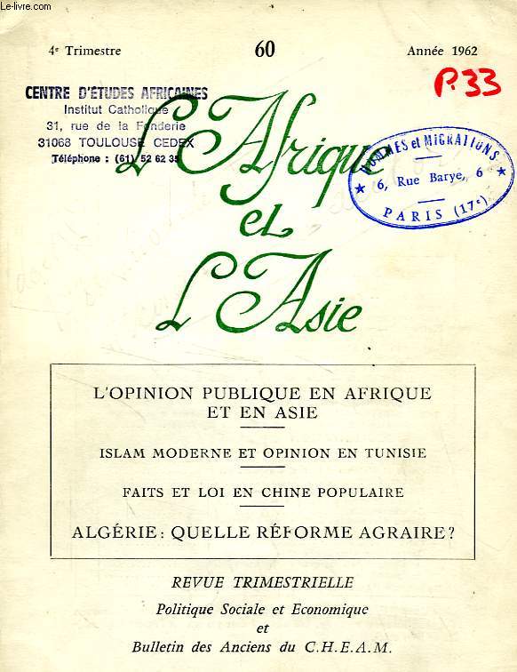 L'AFRIQUE ET L'ASIE, N 60, 4e TRIM. 1962