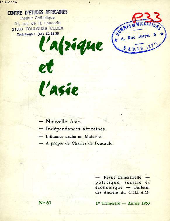 L'AFRIQUE ET L'ASIE, N 61, 1er TRIM. 1963