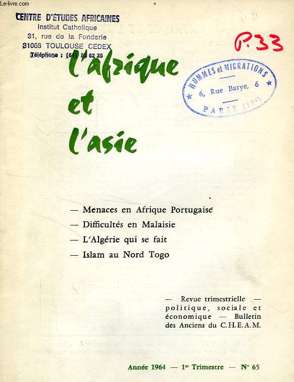 L'AFRIQUE ET L'ASIE, N 64, 1er TRIM. 1964