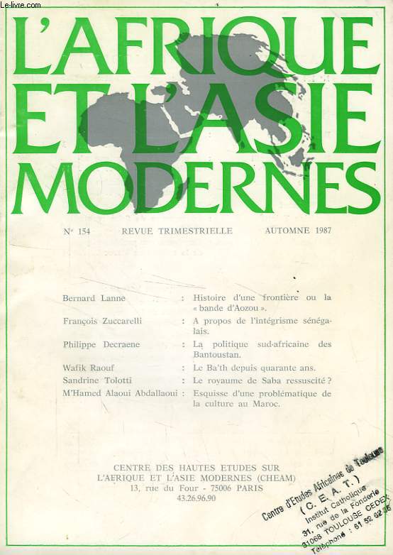 L'AFRIQUE ET L'ASIE MODERNES, N 154, AUTOMNE 1987