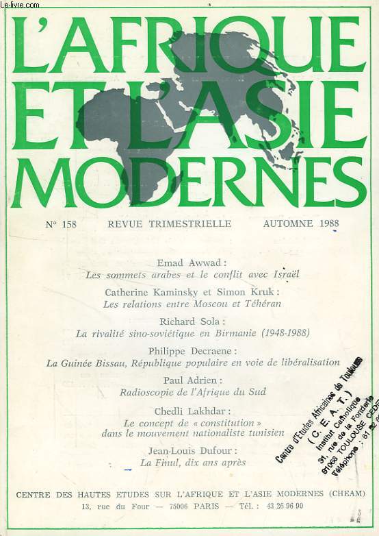 L'AFRIQUE ET L'ASIE MODERNES, N 158, AUTOMNE 1988