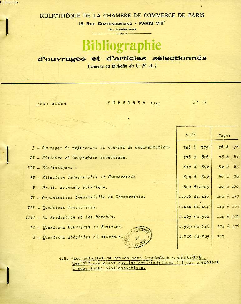 BIBLIOGRAPHIE D'OUVRAGE ET D'ARTICLES SELECTIONNES, 1934-1936, 23 VOLUMES (ANNEXE AU BULLETIN DU C.P.A.)