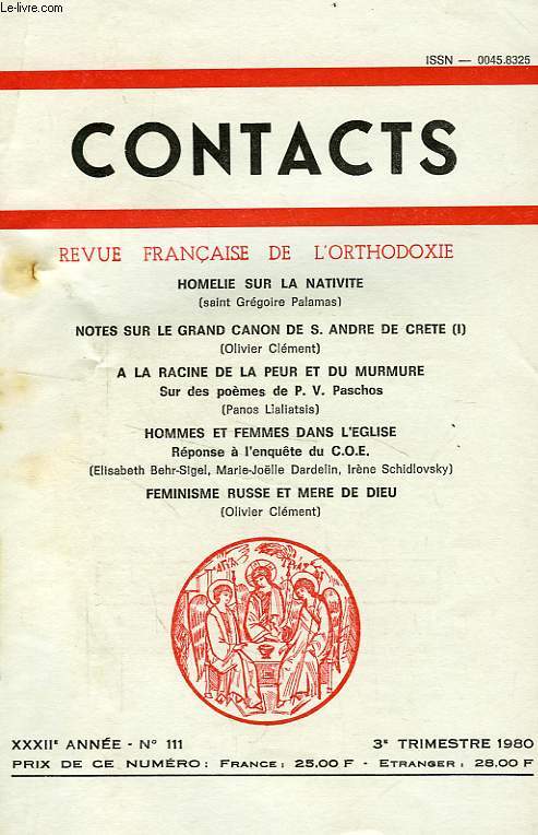 CONTACTS, REVUE FRANCAISE DE L'ORTHODOXIE, 32e ANNEE, N 111, 3e TRIM. 1980