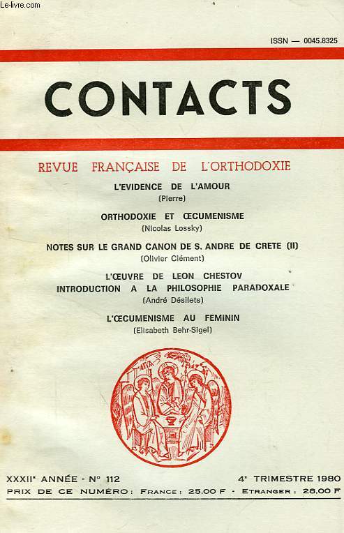 CONTACTS, REVUE FRANCAISE DE L'ORTHODOXIE, 32e ANNEE, N 112, 4e TRIM. 1980