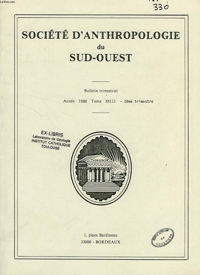 SOCIETE D'ANTHROPOLOGIE DU SUD-OUEST, TOME XXIII, 2e TRIM. 1988
