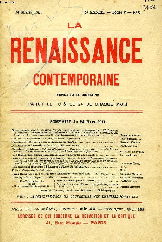LA RENAISSANCE CONTEMPORAINE, 5e ANNEE, N 6, MARS 1911