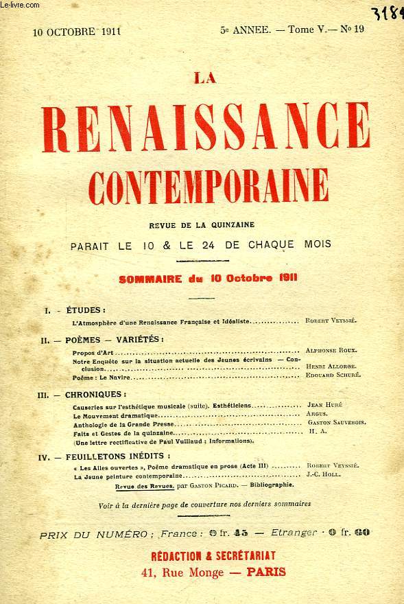 LA RENAISSANCE CONTEMPORAINE, 5e ANNEE, N 19, OCT. 1911