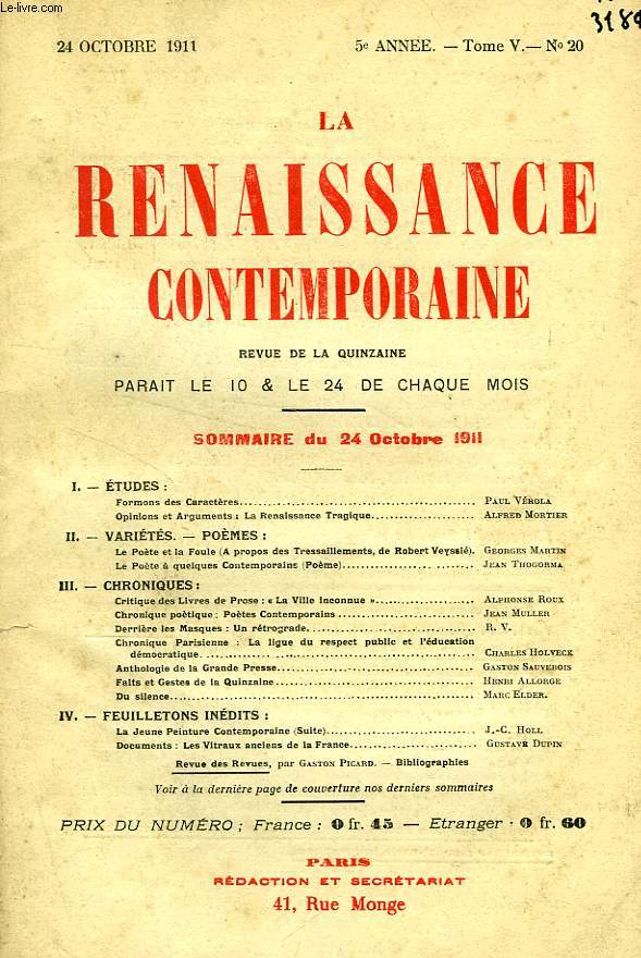 LA RENAISSANCE CONTEMPORAINE, 5e ANNEE, N 20, OCT. 1911