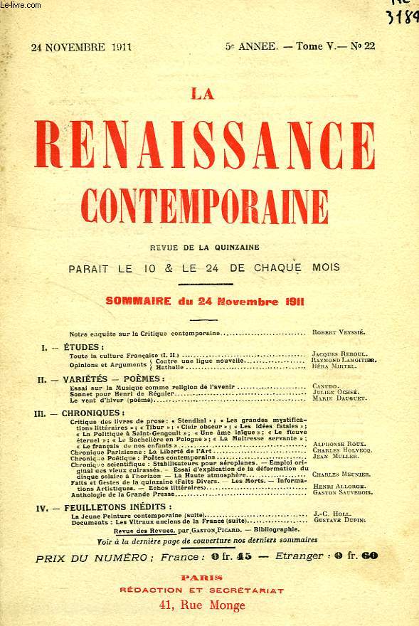 LA RENAISSANCE CONTEMPORAINE, 5e ANNEE, N 22, NOV. 1911
