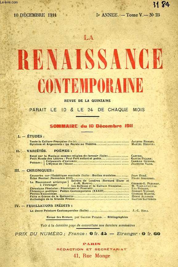 LA RENAISSANCE CONTEMPORAINE, 5e ANNEE, N 23, DEC. 1911