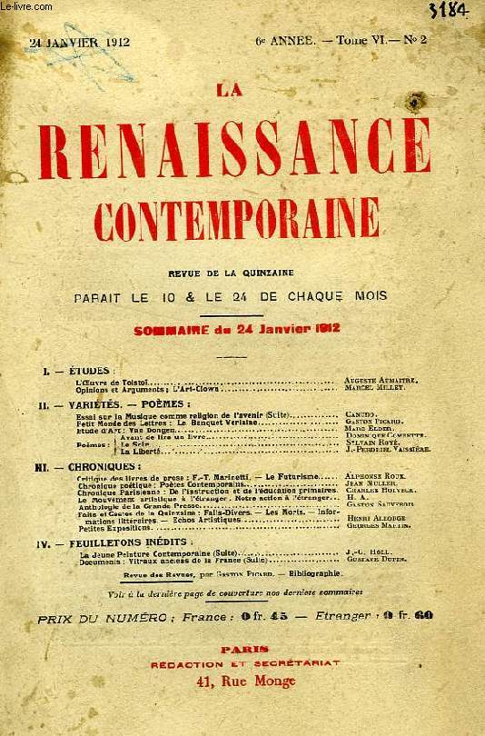 LA RENAISSANCE CONTEMPORAINE, 6e ANNEE, N 2, JAN. 1912