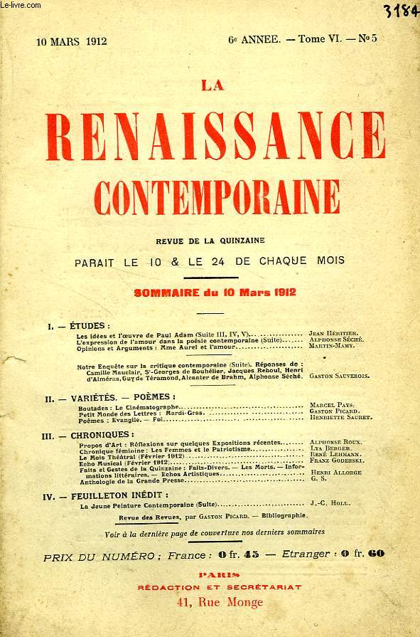 LA RENAISSANCE CONTEMPORAINE, 6e ANNEE, N 5, MARS 1912