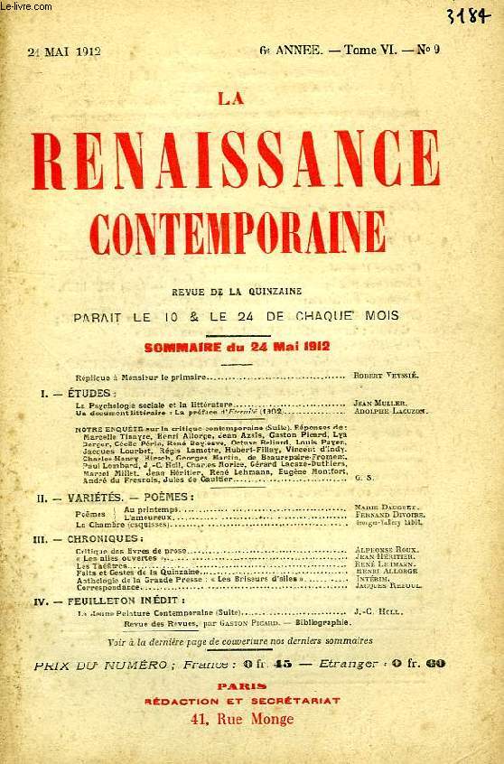 LA RENAISSANCE CONTEMPORAINE, 6e ANNEE, N 9, MAI 1912