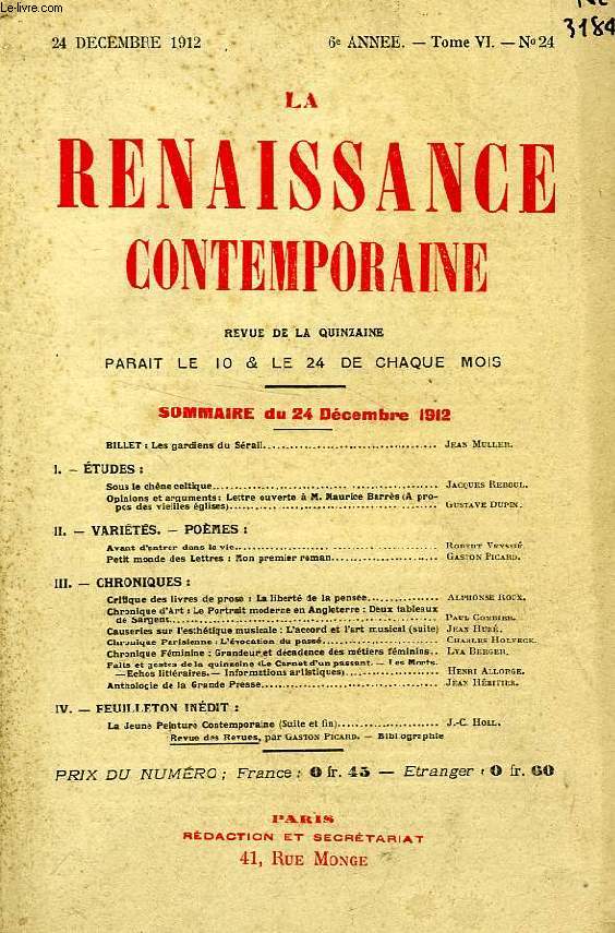 LA RENAISSANCE CONTEMPORAINE, 6e ANNEE, N 24, DEC. 1912