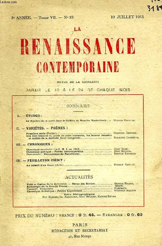 LA RENAISSANCE CONTEMPORAINE, 7e ANNEE, N 13, JUILLET 1913