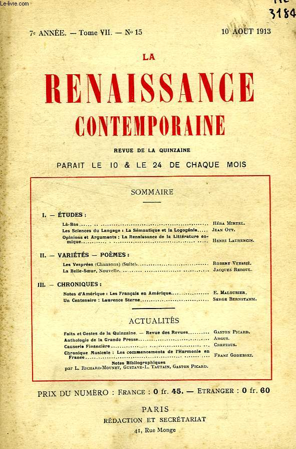 LA RENAISSANCE CONTEMPORAINE, 7e ANNEE, N 15, AOUT 1913