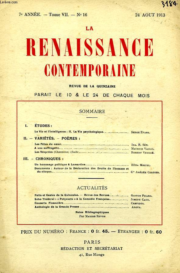 LA RENAISSANCE CONTEMPORAINE, 7e ANNEE, N 16, AOUT 1913