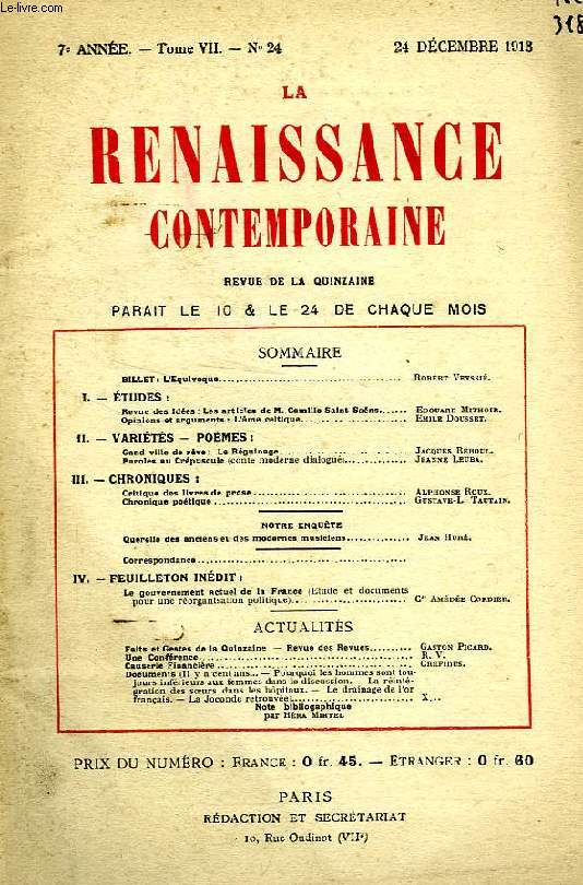 LA RENAISSANCE CONTEMPORAINE, 7e ANNEE, N 24, DEC. 1913
