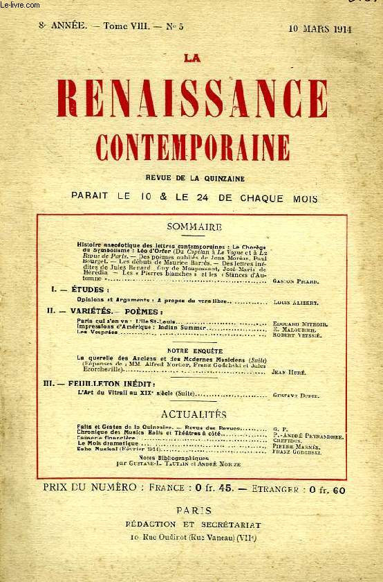 LA RENAISSANCE CONTEMPORAINE, 8e ANNEE, N 5, MARS 1914