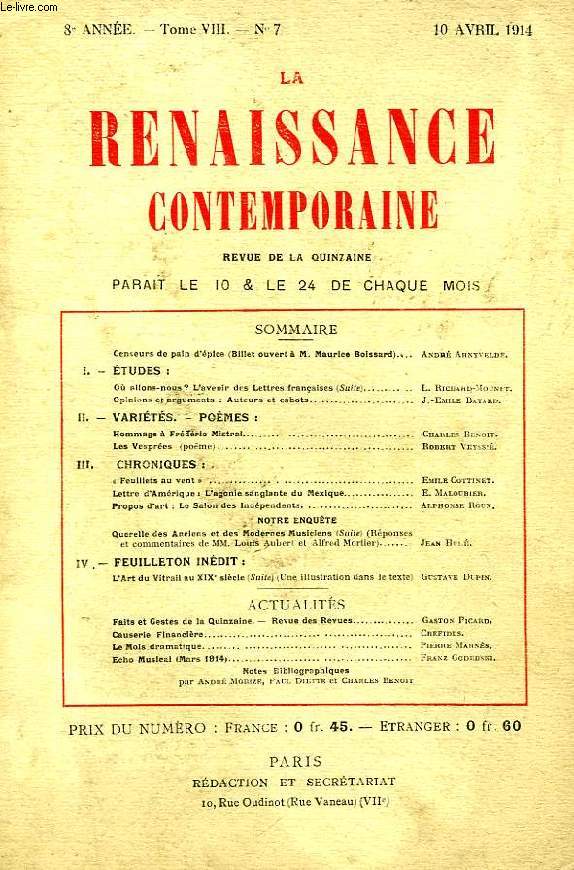 LA RENAISSANCE CONTEMPORAINE, 8e ANNEE, N 7, AVRIL 1914