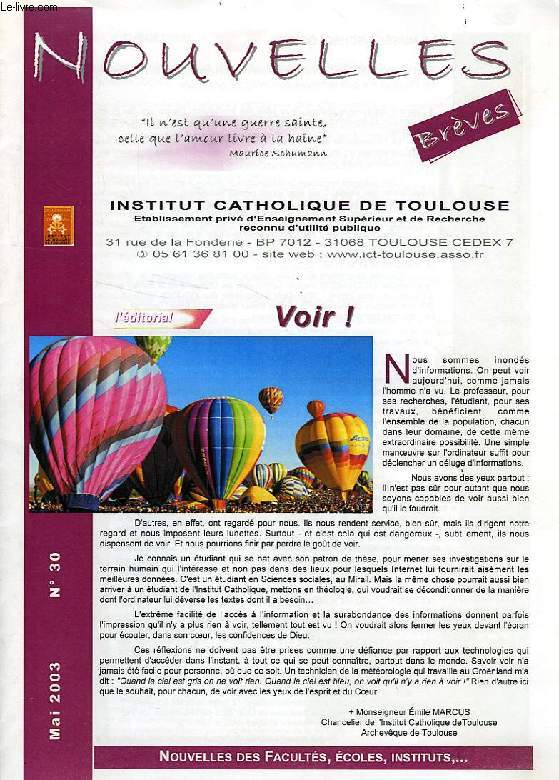 NOUVELLES BREVES, INSTITUT CATHOLIQUE DE TOULOUSE, N 30, MAI 2003