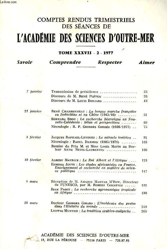 COMPTES RENDUS TRIMESTRIELS DES SEANCES DE L'ACADEMIE DES SCIENCES D'OUTRE-MER, TOME XXXVII-2, 1977