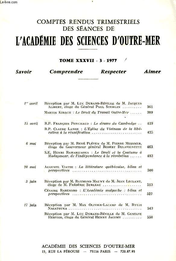 COMPTES RENDUS TRIMESTRIELS DES SEANCES DE L'ACADEMIE DES SCIENCES D'OUTRE-MER, TOME XXXVII-3, 1977