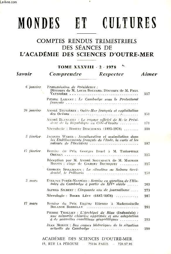 MONDES ET CULTURES, COMPTES RENDUS TRIMESTRIELS DES SEANCES DE L'ACADEMIE DES SCIENCES D'OUTRE-MER, TOME XXXVIII-2, 1978
