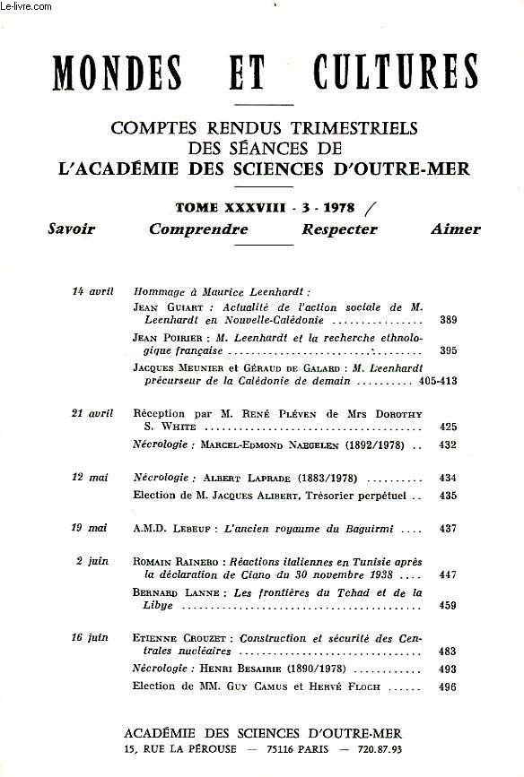MONDES ET CULTURES, COMPTES RENDUS TRIMESTRIELS DES SEANCES DE L'ACADEMIE DES SCIENCES D'OUTRE-MER, TOME XXXVIII-3, 1978
