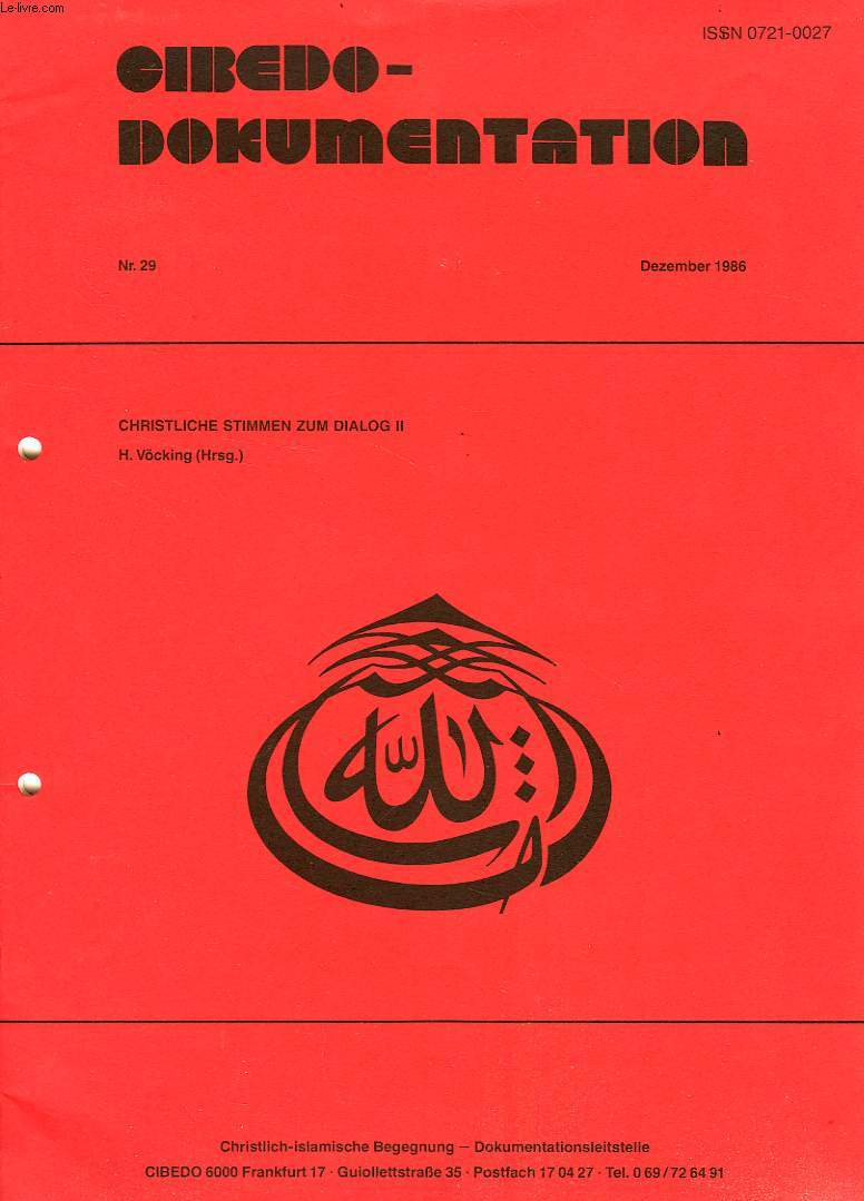 CIBEDO-DOKUMENTATION, Nr. 29, DEZ. 1986, CHRISTLICHE STIMMEN ZUM DIALOG II