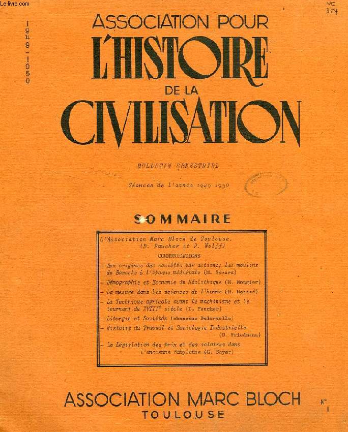 ASSOCIATION POUR L'HISTOIRE DE LA CIVILISATION, N 1, SEANCES DE L'ANNEE 1949-1950