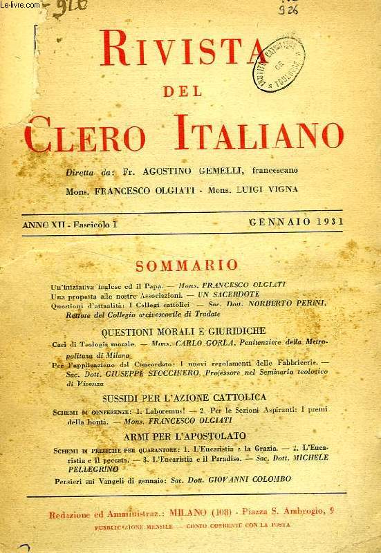 RIVISTA DEL CLERO ITALIANO, ANNO XII, FASC. 1, GENNAIO 1931