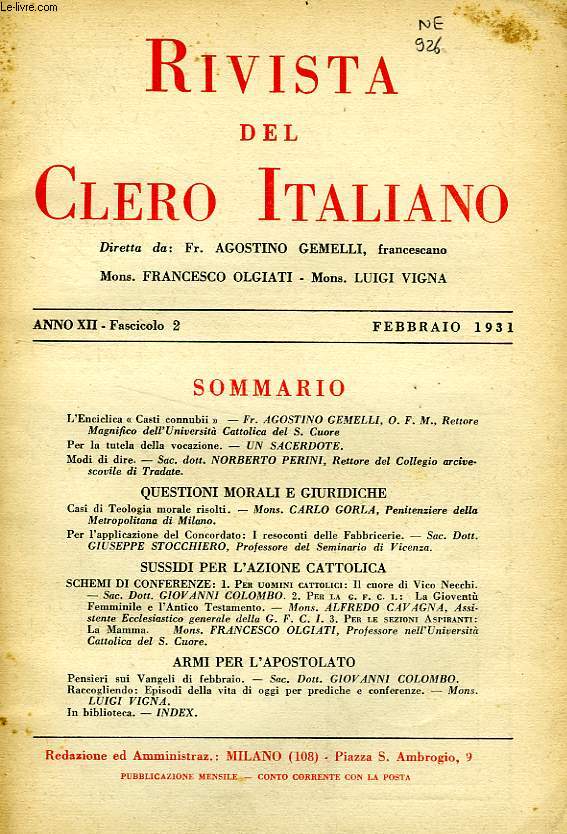 RIVISTA DEL CLERO ITALIANO, ANNO XII, FASC. 2, FEBB. 1931