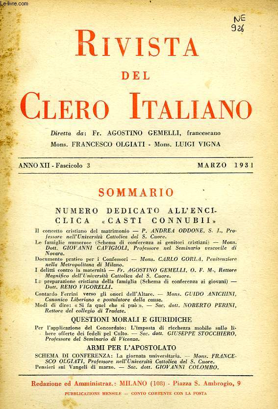 RIVISTA DEL CLERO ITALIANO, ANNO XII, FASC. 3, MARZO 1931