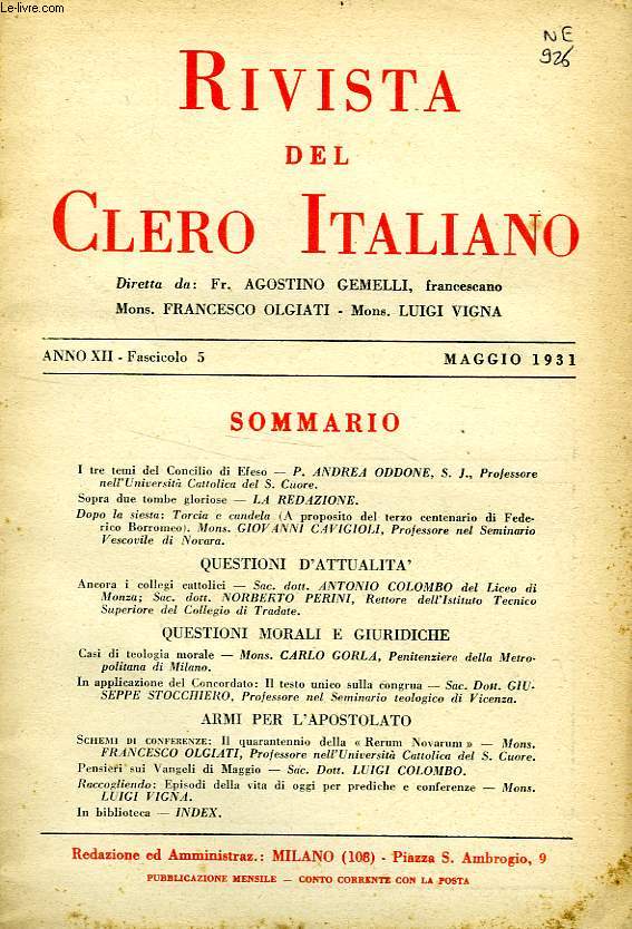RIVISTA DEL CLERO ITALIANO, ANNO XII, FASC. 5, MAGGIO 1931